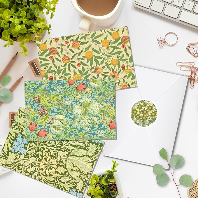 24 Pack William Morris Greeting Cards with Envelopes & Stickers - 6 Vintage Floral Leaves Retro Botanical Styles Blank Note Cards for Wedding, Birthday Greetings, Baby Shower, Thank You & More