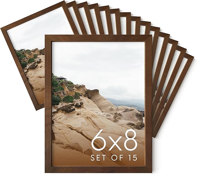 HAUS AND HUES 6x8 Walnut Oak Frame Set of 15 - Bulk Wooden Poster Holders, Plexiglass-Protected Design