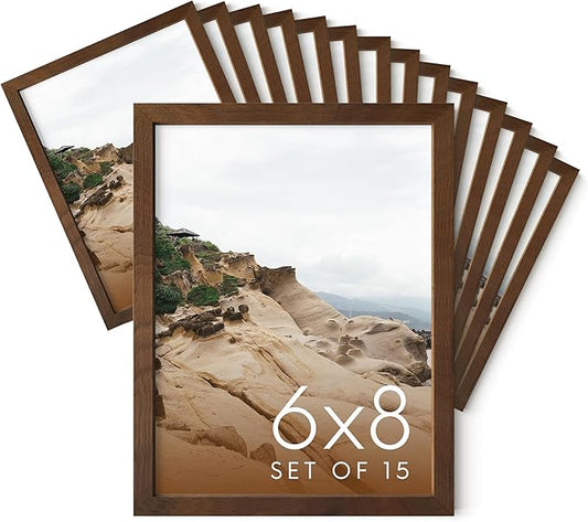 HAUS AND HUES 6x8 Walnut Oak Frame Set of 15 - Bulk Wooden Poster Holders, Plexiglass-Protected Design