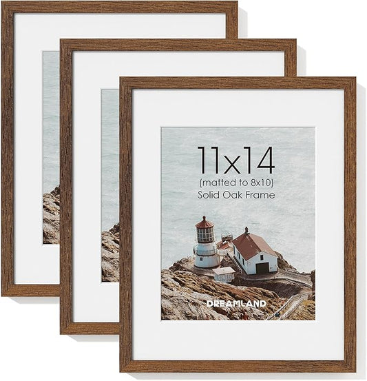 Dreamland 11x14 Picture Frame, Solid Oak Wood Photo Frame with Mat for 8x10, 11 x 14 Matted Picture Frames with Resistant Plexiglass for Wall Art Photo and Prints, Walnut Color, Set of 3