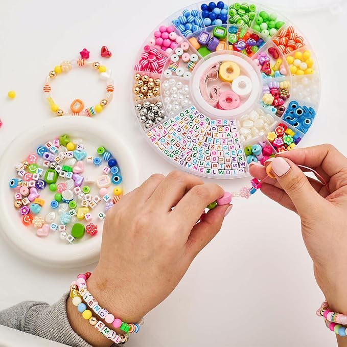 594PCS Bead Bracelet Making Kit for Kids,Colorful Pony Beads Pearl Shell Flower Evil Eyes Star Carft Friendship Bracelet Necklace Jewelry Making Supplies Kit Gifts for Boys Girls Women