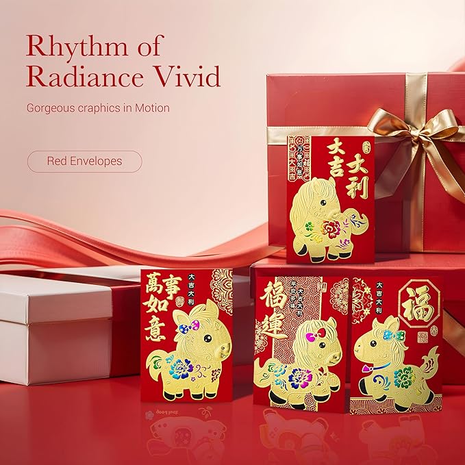 36pcs Red Envelopes Chinese New Year, Chinese Traditional Lucky Money Hong Bao Red Envelope Pockets for 2026 Spring Festival, Lunar New Year, 6 Cartoon Horse Designs,M