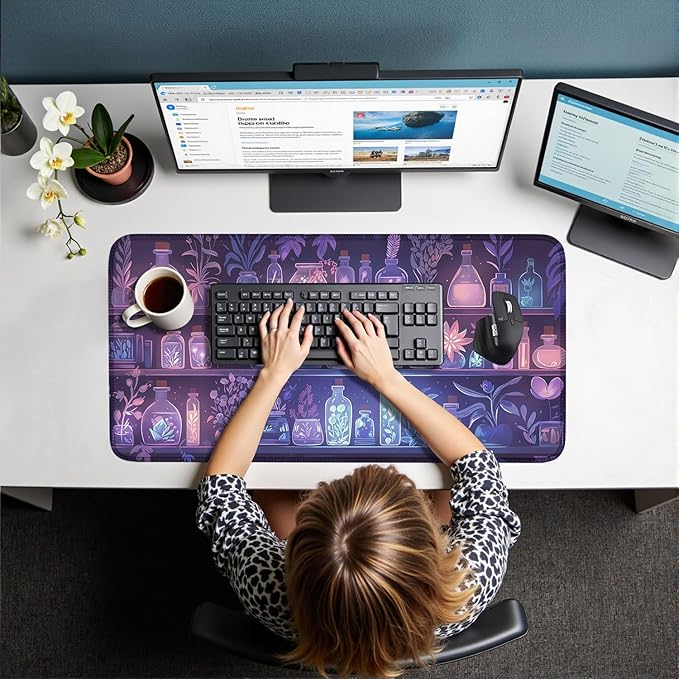 Witchy Purple Pink Blue Glowing Herbs Desk Mat,Enchanted Botanical Plants Shelf Large Mouse Pad- XL Mystical Desk Pad for Gaming, Office, Dorm-Fantasy Aesthetic Gift- Magic Home Decor 31.5" x 15.7"