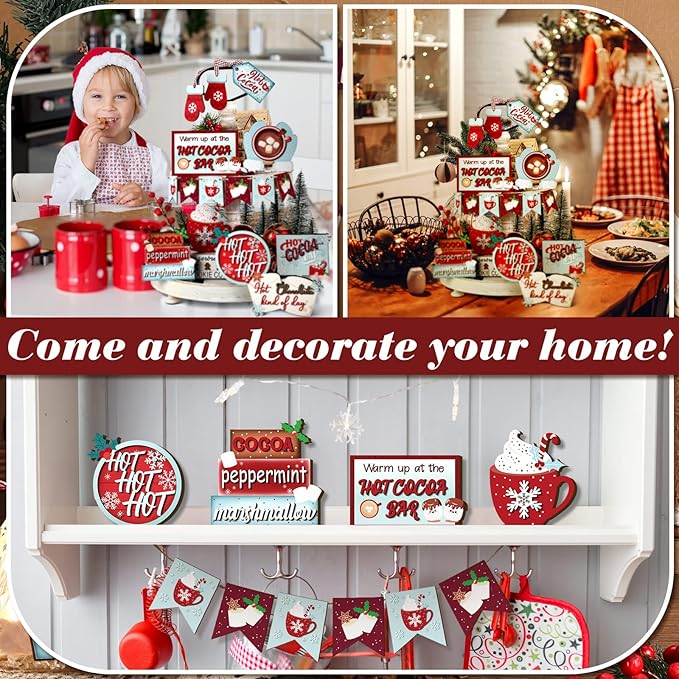 Kajaia 15 Pcs Christmas Tiered Tray Decor Winter Tiered Tray Decorations Set Snowman Snowflake Gingerbread Man Hot Cocoa Wooden Signs Farmhouse Christmas Table Decorations(Hot Cocoa)