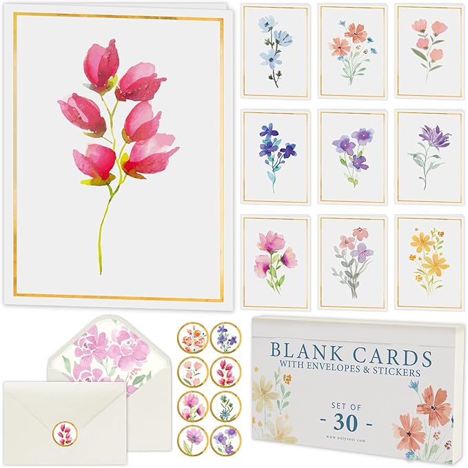 30 Pack Floral Blank Cards and Envelopes – 4 x 6 Inch Greeting Stationery Set for Encouragement, Celebration, Sympathy, Gratitude, 10 Botanical Image, Coordinated Liners, Seal Sticker, Gift Ready Box