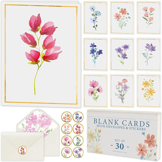 30 Pack Floral Blank Cards and Envelopes – 4 x 6 Inch Greeting Stationery Set for Encouragement, Celebration, Sympathy, Gratitude, 10 Botanical Image, Coordinated Liners, Seal Sticker, Gift Ready Box