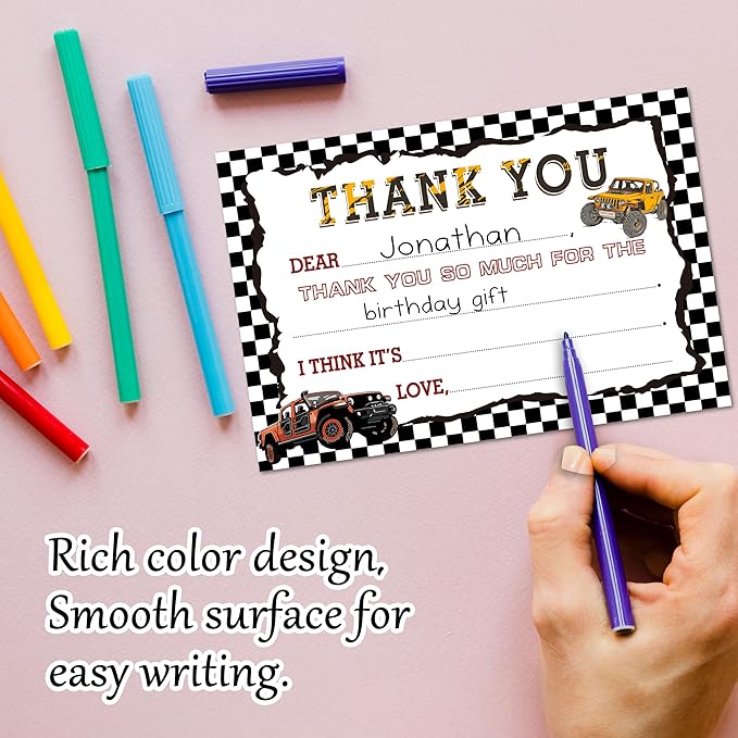 Truck Kids Thank You Cards, Racing Thank You Card For Birthday Party, Kids Birthday Cards Fill In The Blank, 20 Pack Black Greeting Cards With Envelopes For Boys And Girls, 013