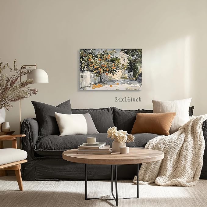 LLEEMPI Framed Orange Tree Wall Art, Country Botanical Wall Decor, Vintage Fruit Canvas Painting, Rustic Farmhouse Poster Print for Kitchen Bathroom Bedroom Living Room Office 12x16 Inch