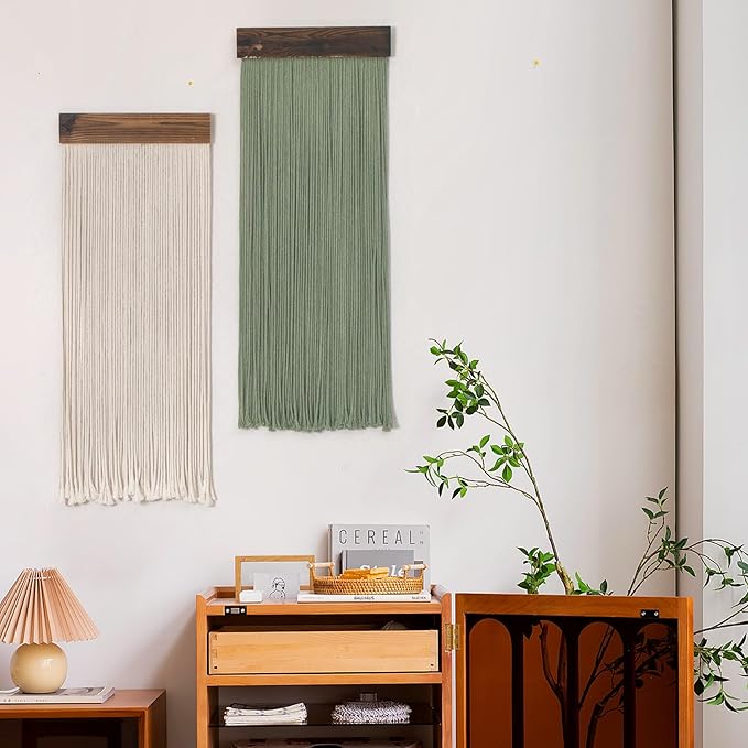 LB Beige Light Green Macrame Wall Hanging Set of 2, Boho Tapestry Wall Hanging Macrame Wall Art Handmade Yarn Woven Wall Art Modern Home Decor Headboard Wall Decor for Bedroom Living Room, 12x31 Inch