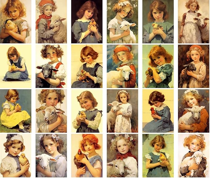 Vintage Postcards (24pcs 4"x6") Pastoral Innocence: A Nostalgic Collection of Vintage Postcards Featuring Young Girls Embracing Farm Animals, Symbolizing the Pure Bond Between Nature and Childhood