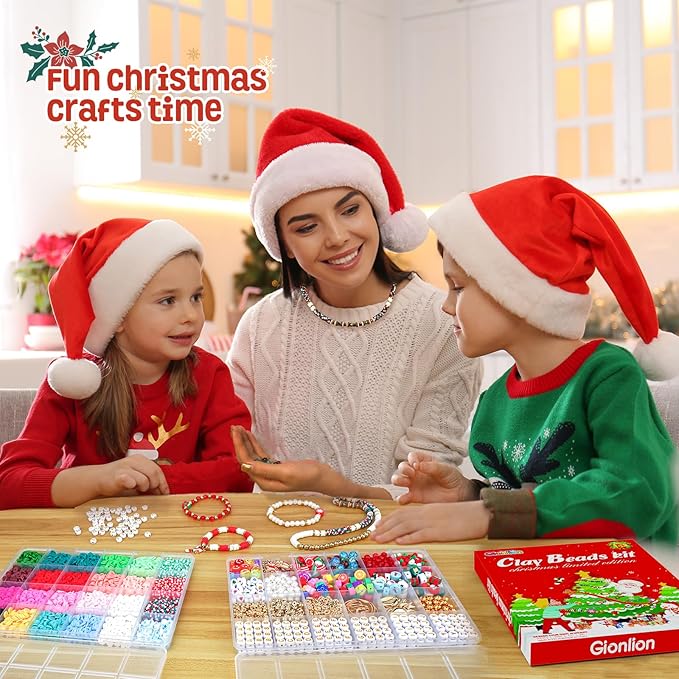 Gionlion Christmas Gifts for Kids Girls - 24 Colors Clay Beads Bracelet Making Kit, Christmas Crafts Toys DIY Arts and Crafts for Kids Age 6-13