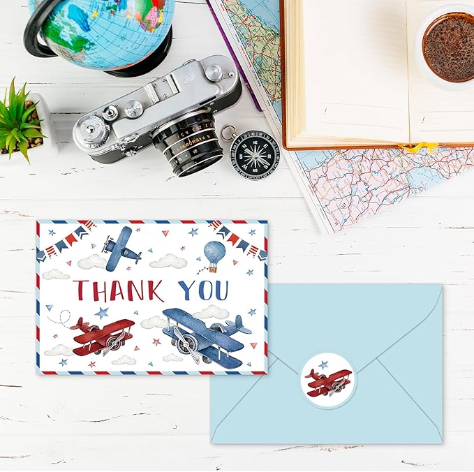 JarThenaAMCS 24 Pack Airplane Travel Thank You Card Greeting Cards with Envelopes Stickers Blank Note Card for Birthday Baby Shower Party Supplies