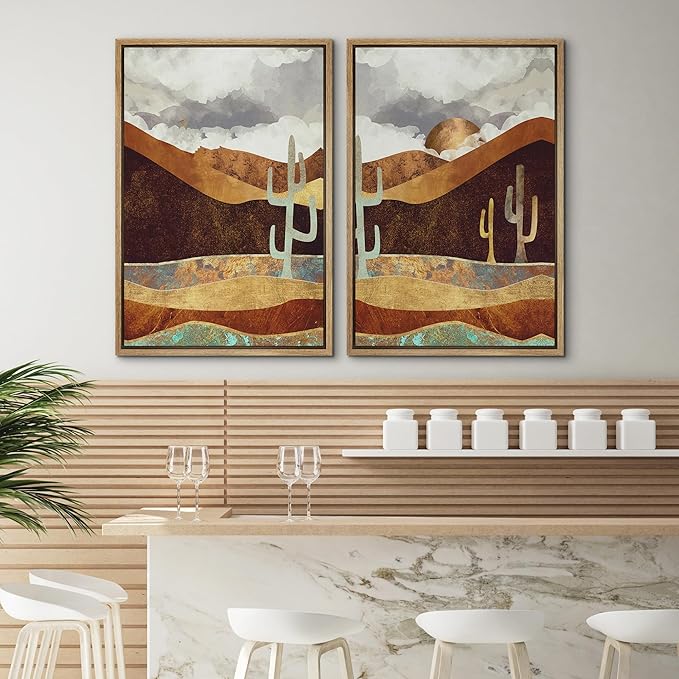 SIGNWIN Framed Canvas Print Wall Art Set Geometric Granite Desert Cactus Landscape Nature Wilderness Illustrations Modern Art Colorful for Living Room, Bedroom, Office - 16"x24"x2 Natural