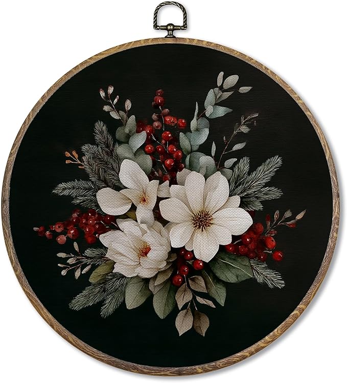 FUGWN Vintage Christmas Bouquet Floral Round Wall Art Decor Framed, Winter Christmas Canvas Artwork Prints, Rustic Moody Xmas Flower Wall Hanging Decorations for Home Bedroom Living Room, 10x10 Inch