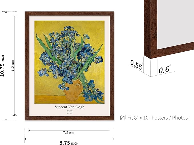 Monem Art Vintage Van Gogh Poster - Retro Irises Print - Flowers in Vase Art - Impressionism Art - Floral Art - Fine Art - Classic Painting Art - Living Room Wall Decor - 8x10 Brown Framed
