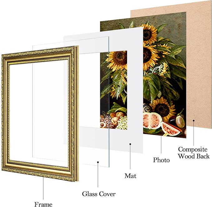 eletecpro 8x8 Picture Frames Set of 4, Vintage Photo Frame with Glass, 8 x 8 Gold Frames Display 4x4 Photo with Mat or 8x8 without Mat for Tabletop or Wall Decor, Gold