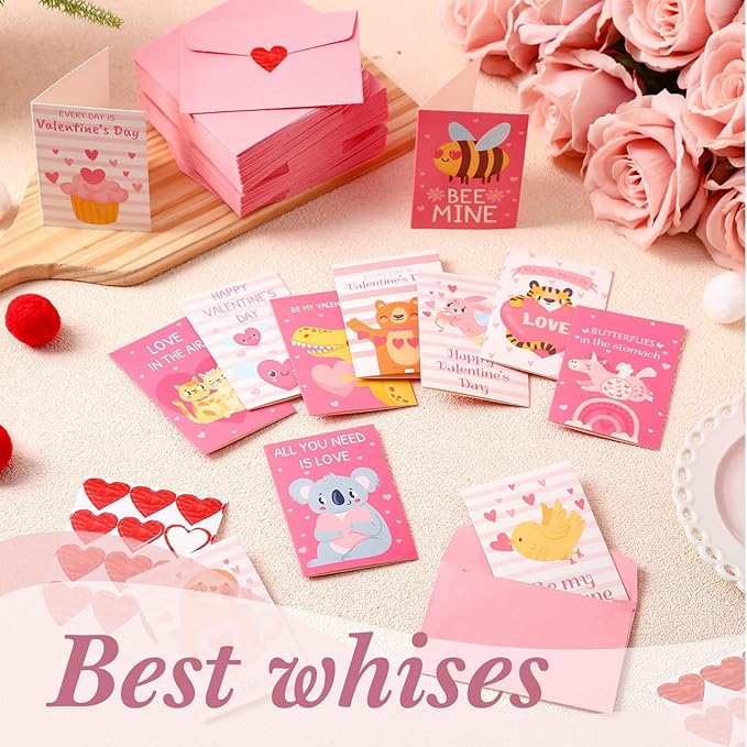 180 Pcs Mini Valentine's Day Cards Assortment Bulk Classroom Kids Greeting Cards 3.5 x 2.4''Foldable Love Heart Greeting Cards Wedding Card with Envelopes Stickers for Valentines Day