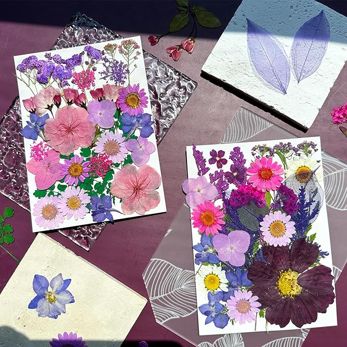 54Pcs Purple Pressed Dried Flowers for Resin, Real Natural Bulk Assorted Dry Floral Leaves for DIY Art Crafts, Epoxy Molds, Jewelry, Soap, Candle Making, Nails Decors