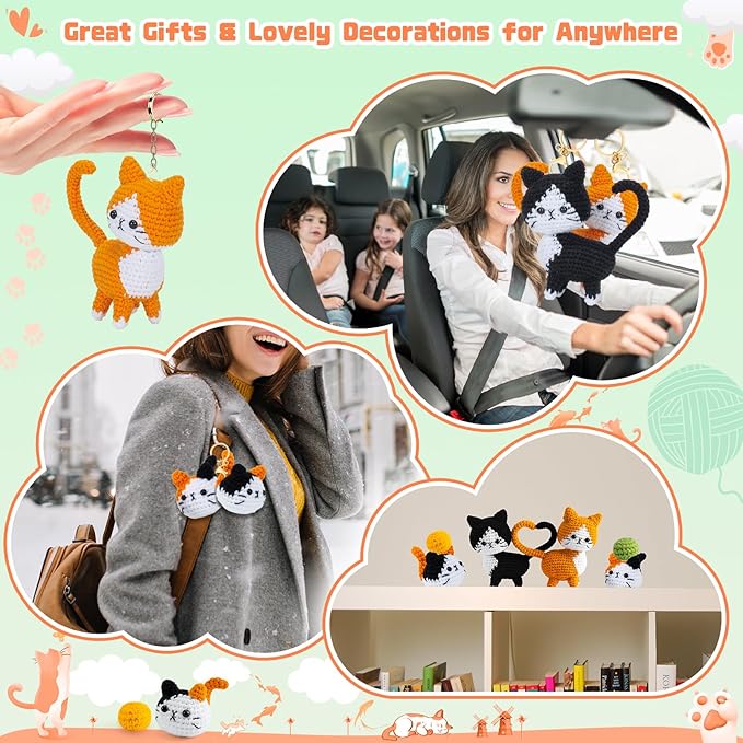 Auspicious beginning Cat Crochet Kit for Beginners-Crochet Kits 4PCS Cats Family Crochet Animals Kits with Step-by-Step Video Tutorials, Crochet Starter Kit Learn to Crochet Kits for Adults