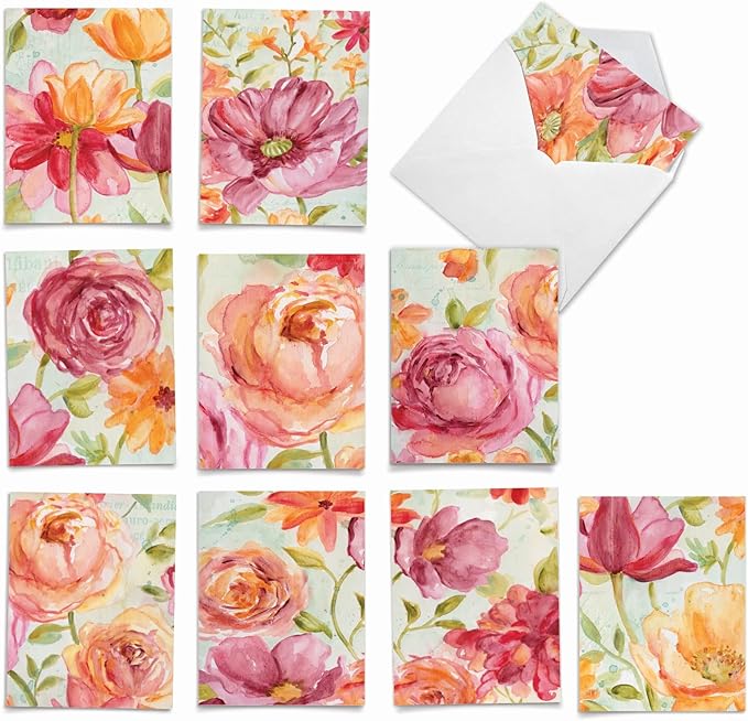 The Best Card Company - 10 Boxed Note Cards with Flowers - Blank Assorted Floral Notecards Bulk (4 x 5.12 Inch) - Warm Blossoms M1715BN