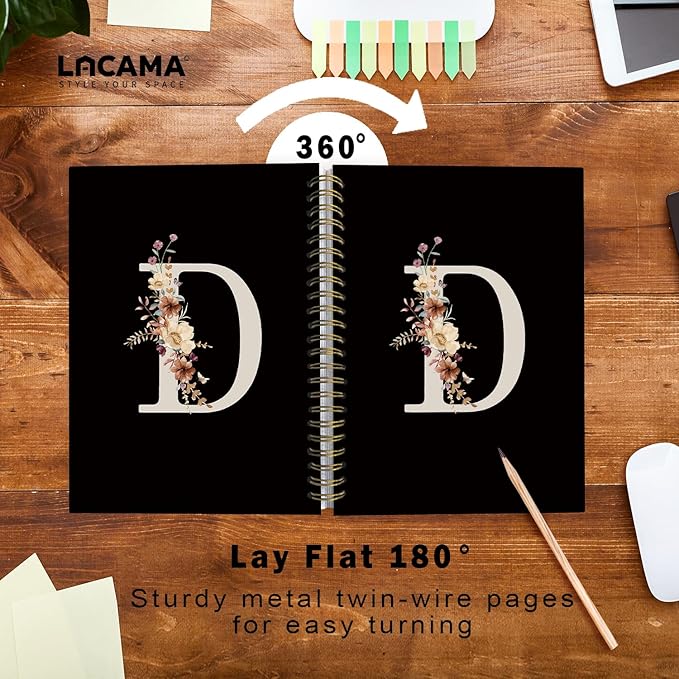 Lacama Black Initial Letter D School Notebook Journal, Aesthetic Wildflower Personalized Spiral Notebook, School Supplies, Customized Monogrammed Gifts, Birthday Gifts for Women, Office Supplies