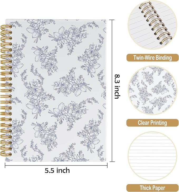 Vintage Floral Journal Notebook - Aesthetic Botanical Flower Notebooks College Ruled for Work School, Gifts for Coworkers, Office Supplies, Hardcover Spiral Notebook 5.5"x8.3"
