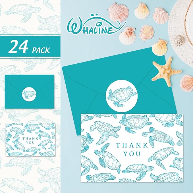 Whaline 24 Pack Ocean Thank You Card Greeting Cards with Envelopes Stickers Teal Sea Turtle Blank Note Cards for Summer Birthday Baby Shower Party Supplies