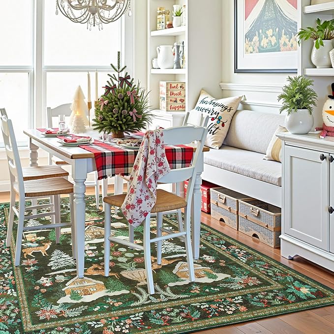 jinchan Christmas Rug 5x7 for Living Room Bedroom Green Holiday Decorative Rug for Dining Room Foyer Christmas Tree and Cabin Printed Xmas Decor Washable Non Slip Floor Carpet