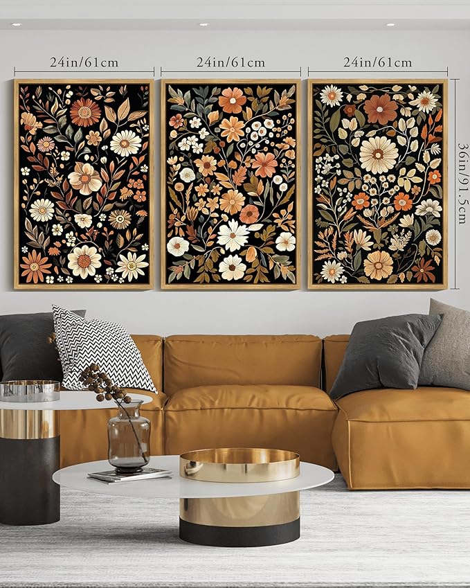 KUVIOKE Orange Vintage Flower Framed Wall Art Boho Floral Wall Decor Retro Wildflower Modern Art Prints Bedroom Living Room Home Decor 24x36in (Natural Framed)