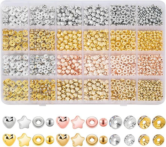 Goldwise Spacer Beads for Jewelry Making, 1280pcs Assorted Round Star Rondelle Heart Gold and Silver Beads for Bracelet Jewelry Making & DIY Crafts