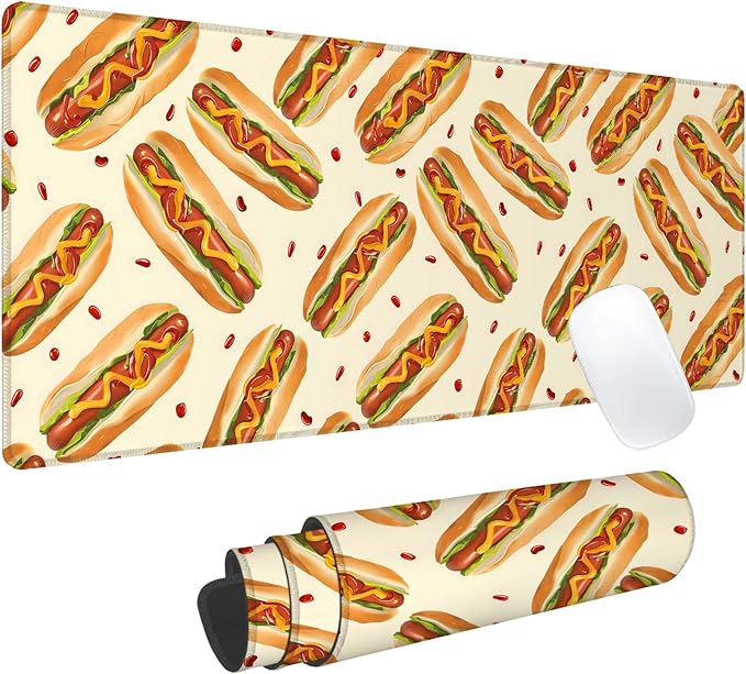 Hot Dog Gaming Mouse Pad, Office Desk Mat, Anti-Slip Rubber Base Cool Aesthetic Mouse Pads for Computer Laptop Keyboard School Home Desktop Gamer Home Accessories Decor 31.5" x 11.8"