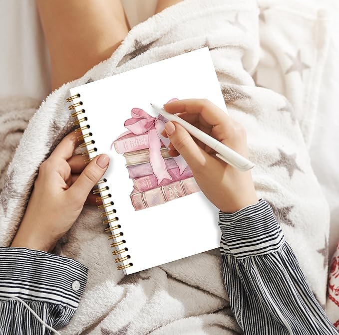 Coquette Pink Bow Notebook, Pink Preppy Girly Aesthetic Spiral Notebook 5.5x8.3, Reading Journal for Book Lovers, Coquette Office Supplies, Book Lovers Gifts for Women, Spiral Journal