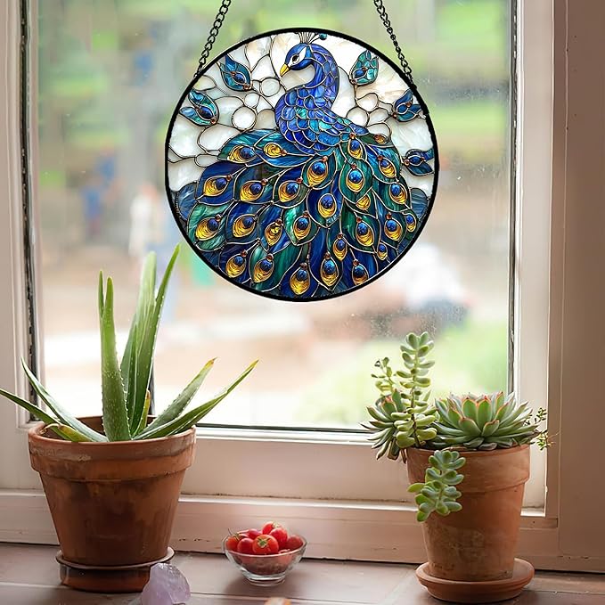 Stained Glass Window Hanging - Peacock Blue Gold Feathers Sun Catcher for Door Garden Home Decor Bird Suncatcher Christmas Mother's Day Birthday Gifts for Women Men Mom Nana 9.8 in