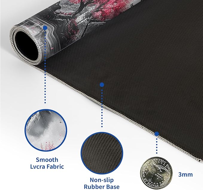 Pagoda Mouse Pad Abstract Cherry Blossom Watercolor Mouse Pad 31.5x11.8 Inch Texture Non-Slip Rubber Base Large Mousepad Stitched Edges Keyboard Mouse Mat Desk Pad for Office and Home