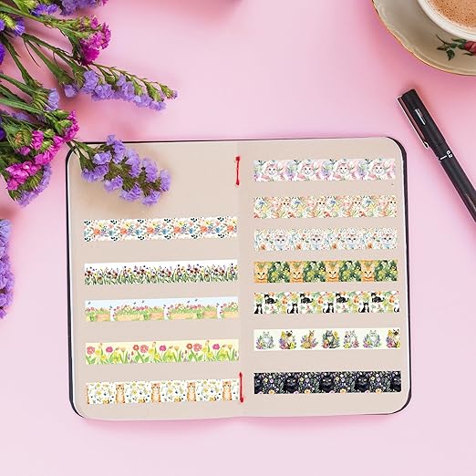 Spring Flower Washi Tape - 12 Rolls Vibrant Cat & Flower Designs, Acid-Free Paper with Residue Free Adhesive for Scrapbooking, Journal Decor, Gift Wrapping, Office Supplies & DIY Crafts
