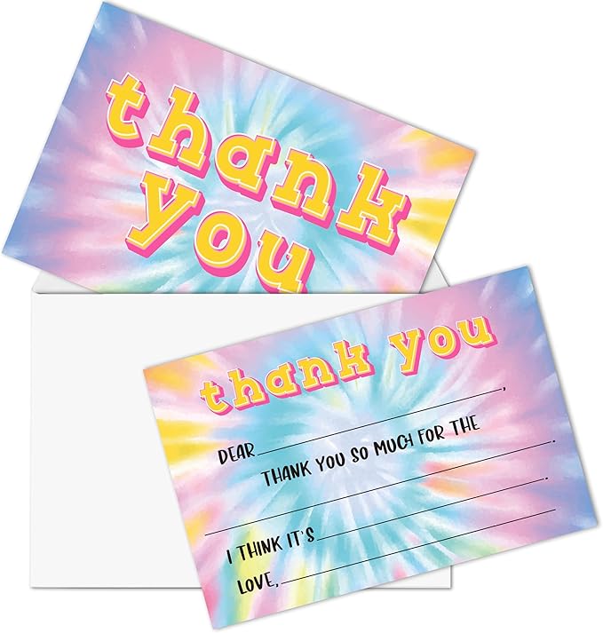Tie Dye Kids Thank You Cards, Colorful Thank You Card For Baby Shower Birthday Party, Kids Birthday Cards Fill In The Blank, 20 Pack Cute Greeting Cards With Envelopes For Boys And Girls, 011