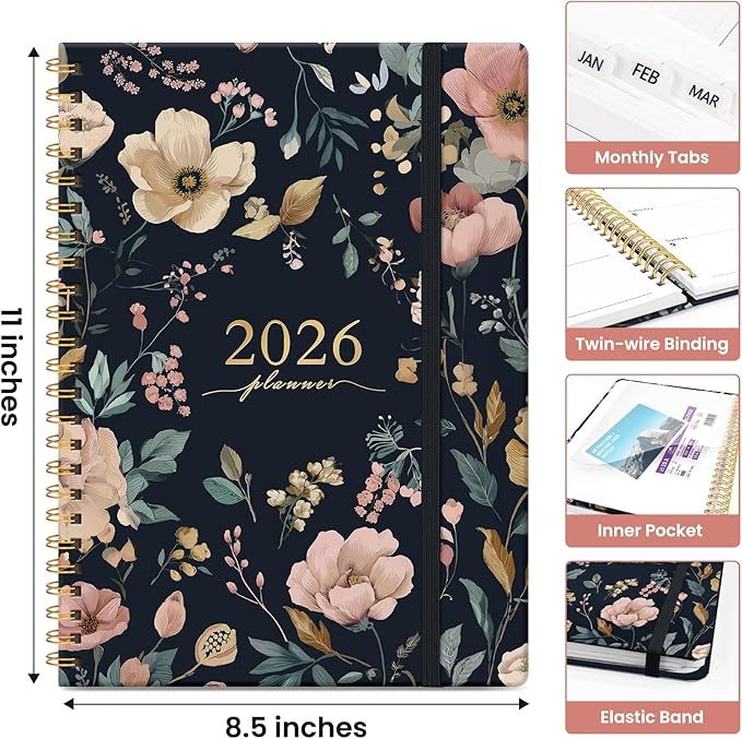 2026 Planner, Monthly and Weekly Calendar Planner for Women, Jan 2026 - Dec 2026, Hardcover Pretty 2026 Agenda Planner Book with Tabs, Spiral Bound, Perfect for School Office Home Supplies, 8.5" x 11" - Evening Petals