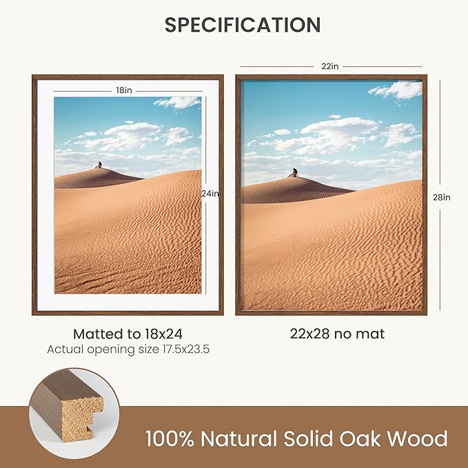 Dreamland Natural Oak Wood Picture Frame 22x28, Wooden Poster Frame with Mat for 18x24, 22 x 28 Matted Picture Frames with Tempered Real Glass for Wall Art Photo and Prints, Walnut Color, Set of 1