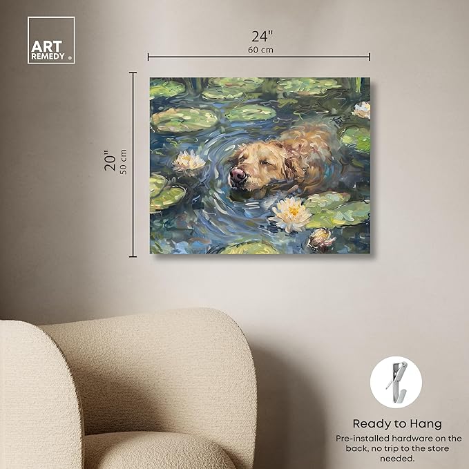 Art Remedy Monet Water Lilies Dog Rustic Chic Farmhouse Canvas Wall Art, Gallery Wrapped, 24"x20"