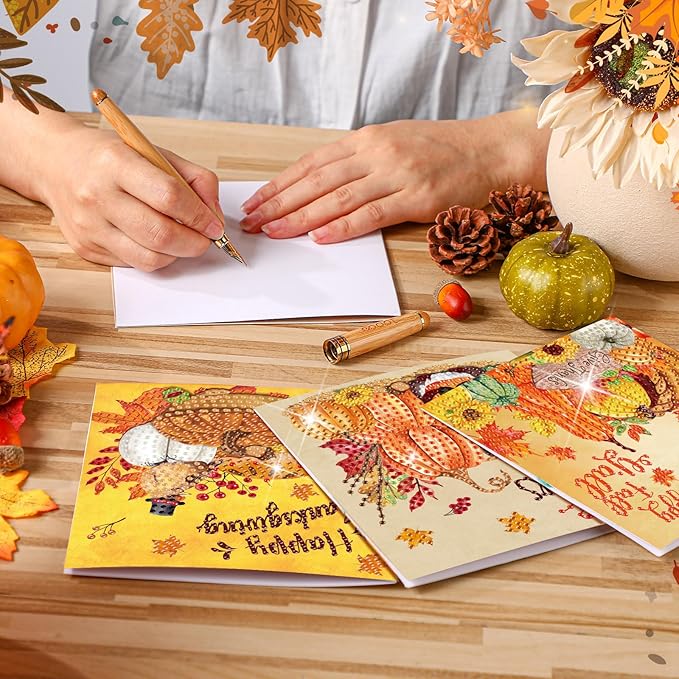Saillong 12 Pack Thanksgiving Diamond Painting Greeting Card Kits DIY Fall Diamond Art Cards with Envelopes Pumpkin Turkey 5D Rhinestones Paint Card for Adults DIY Crafts Family Friend Birthday Gifts