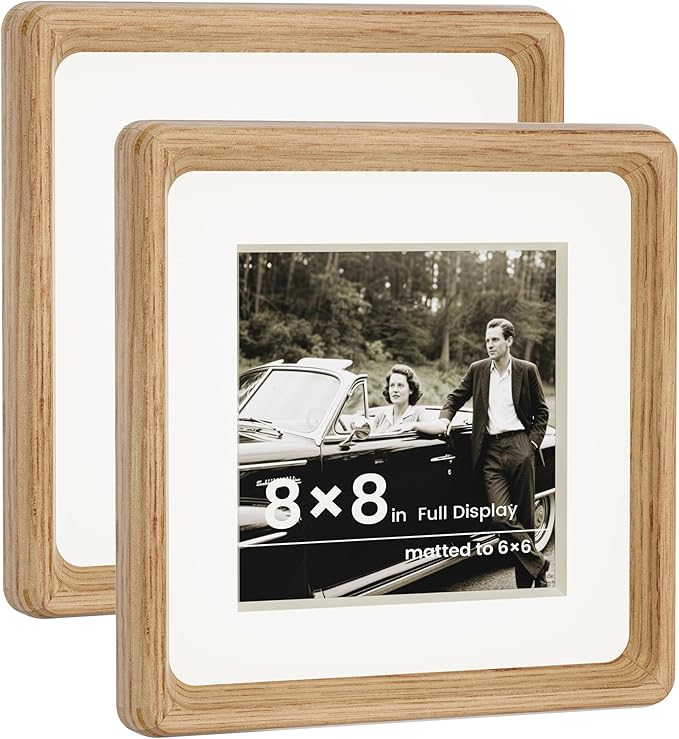 HELPLEX 8x8 Premium Picture Frame Set of 2 - Solid Oak Wood with HD Tempered Glass, Convertible 6x6 Matted or 8x8 Frameless Display, Wall or Tabletop Frame - Home Gallery, Memories Made Easy