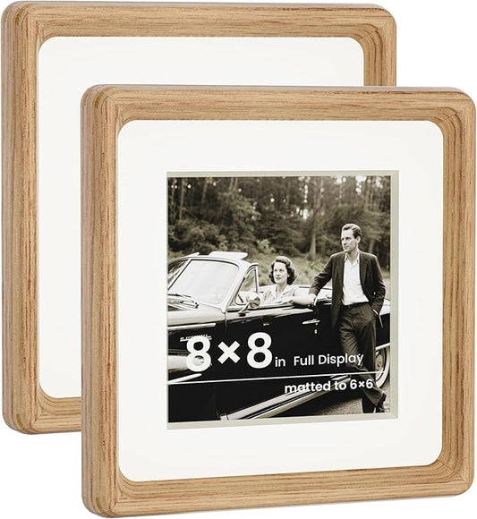 HELPLEX 8x8 Premium Picture Frame Set of 2 - Solid Oak Wood with HD Tempered Glass, Convertible 6x6 Matted or 8x8 Frameless Display, Wall or Tabletop Frame - Home Gallery, Memories Made Easy