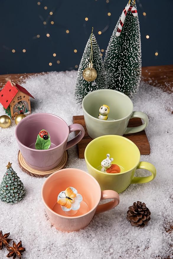 DIHOclub Ceramic Ladybug Cup Hidden 3D Animal Inside Mug，Garden series Handmade Figurine Mugs 12OZ(Pink purple)