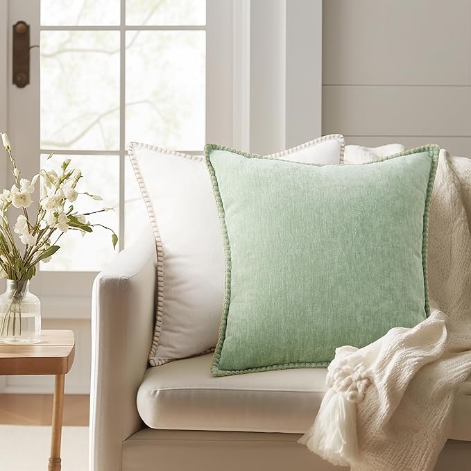 decorUhome Spring Chenille Soft Throw Pillow Covers 18x18 Set of 2, Farmhouse Velvet Neutral Decorative Pillow Covers with Stitched Edge for Couch Sofa Bed Home Decor, Sage Green