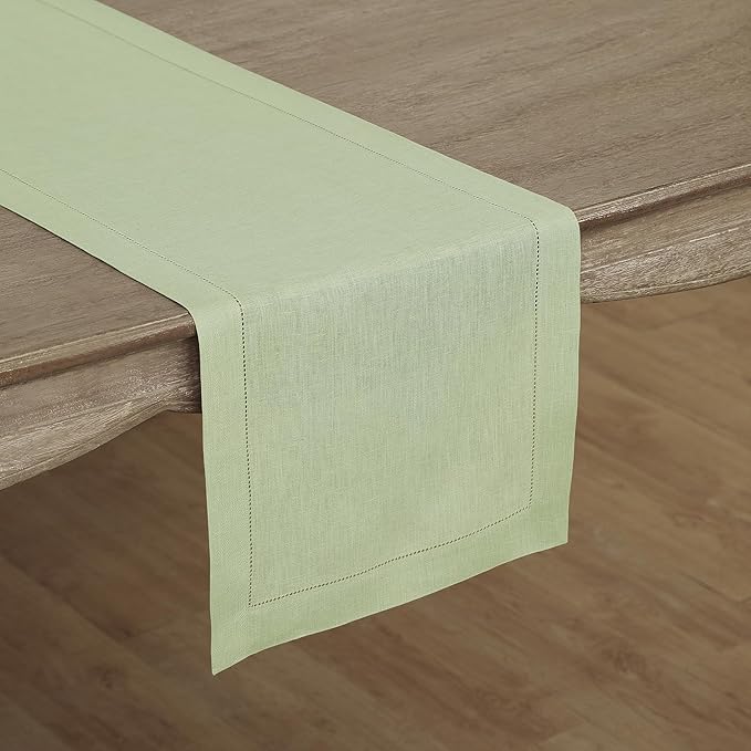 Solino Home Linen Sage Green Table Runner 90 Inches Long - 100% Pure Linen Hemstitch 14 x 90 Inch Table Runner for Dining, Spring, Easter, St Patricks Day - Classic Hemstitch