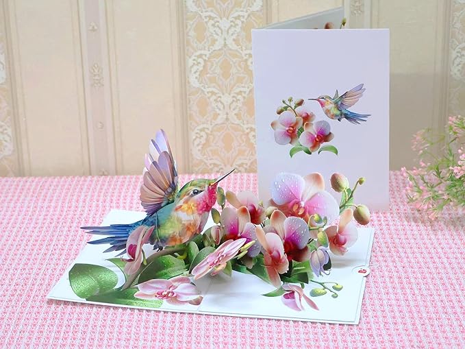 Birthday Cards for Women - Hummingbird Pop Up Card, Handmade Gift for Mom, Wife, Grandma, Daughter, Friend – Greeting Cards for All Occasions (Hummingbird and Orchid)