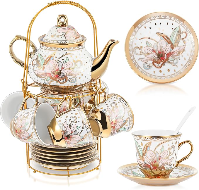 Zhehao 20 Pcs Porcelain Tea Set with Metal Holder and Spoon Adult Ceramic Tea Set European Flower Painting Teapot Cup Saucer Spoon for Women, Large Version(Traditional Style)