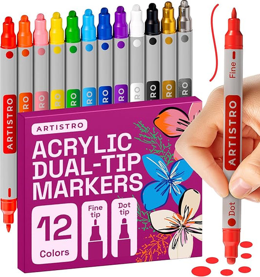 ARTISTRO 12 Acrylic Paint Markers for Rock, Fabric, Wood, Glass, Craft, Decoration - Dual-Tip Paint Pens - Stocking Stuffers, Christmas Gift Idea for Teens, Grandkids, Kids - Art Supplies