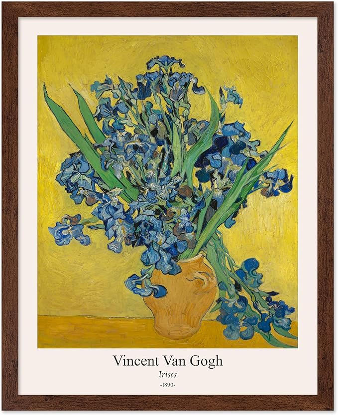 Monem Art Vintage Van Gogh Poster - Retro Irises Print - Flowers in Vase Art - Impressionism Art - Floral Art - Fine Art - Classic Painting Art - Living Room Wall Decor - 8x10 Brown Framed