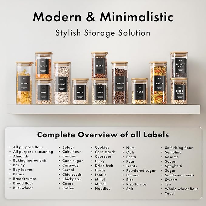 Square Glass Storage Containers with Bamboo Lids 12-Pack (4x 33.8 oz, 8x 20.2 oz) Airtight Storage Jars with Lids for Food, Stackable Glass Kitchen Canisters with (Black Label)